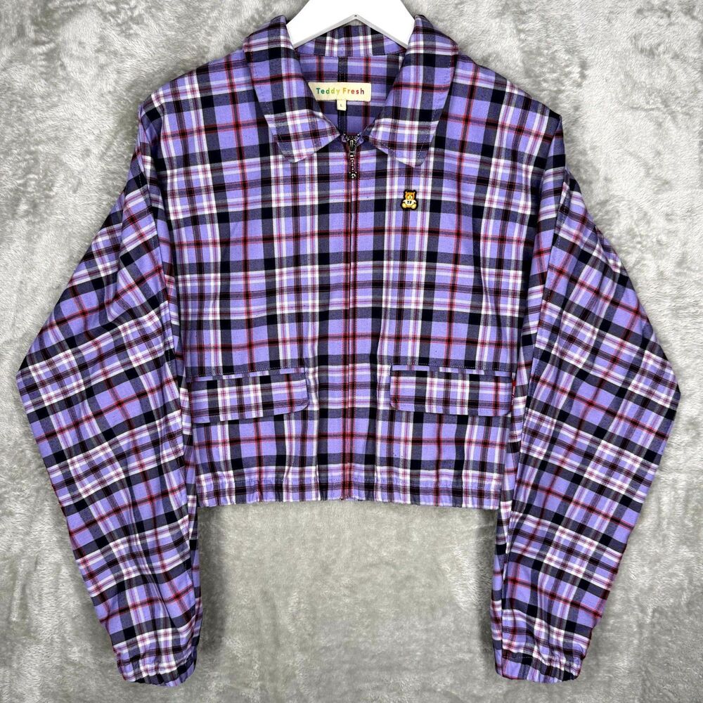 Teddy Fresh Jacket Womens Large Full Zip Purple Red Plaid Cropped Collared Logo
